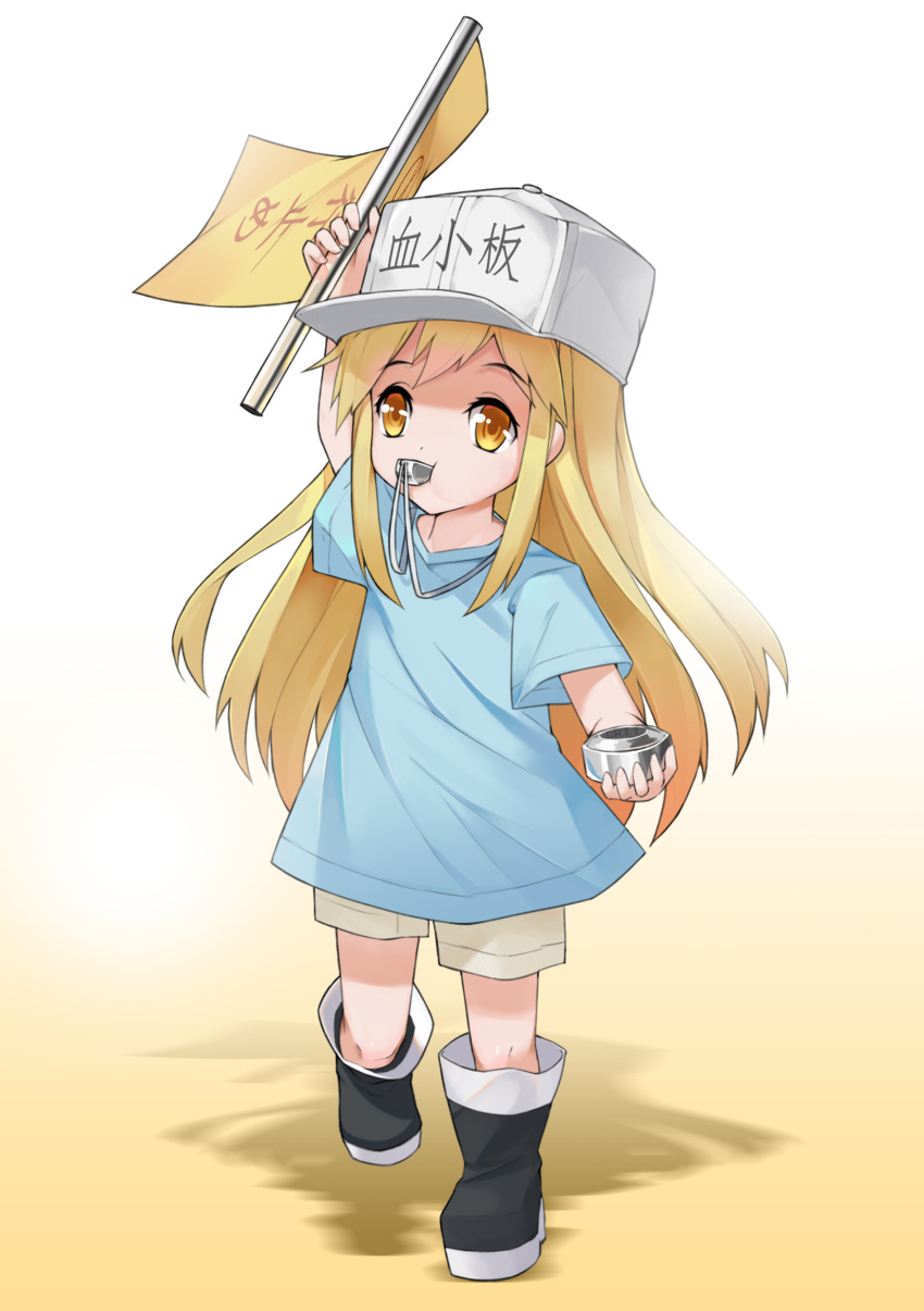 1girl absurdres arm_up bangs black_footwear blue_shirt boots brown_eyes brown_shorts character_name chenran_tiantang clothes_writing commentary_request eyebrows_visible_through_hair flag flat_cap full_body hat hataraku_saibou highres holding holding_flag knee_boots light_brown_hair long_hair looking_at_viewer mouth_hold platelet_(hataraku_saibou) shadow shirt short_shorts short_sleeves shorts solo standing standing_on_one_leg very_long_hair whistle white_background white_hat