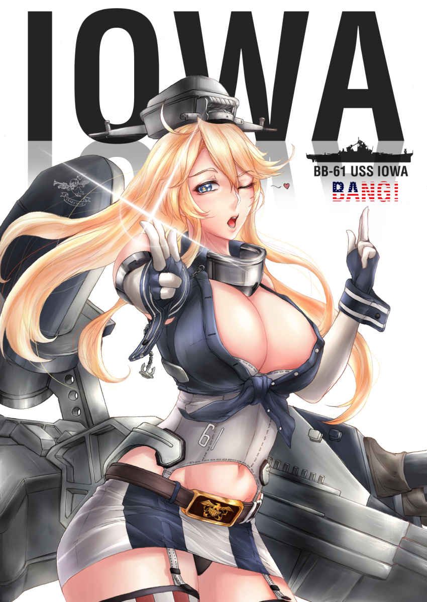 1girl belt_buckle black_panties blonde_hair blue_eyes breasts buckle character_name cowboy_shot crazyskull elbow_gloves fingerless_gloves front-tie_top garter_straps gloves groin hair_between_eyes headgear highres iowa_(kantai_collection) kantai_collection large_breasts lips looking_at_viewer machinery miniskirt mismatched_legwear one_eye_closed panties pantyshot silhouette skirt solo star star-shaped_pupils striped striped_legwear symbol-shaped_pupils thigh-highs underwear uss_iowa_(bb-61) v vertical-striped_legwear vertical_stripes