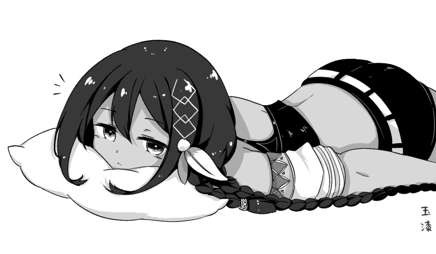 1girl arm_at_side azur_lane bangs belt braid closed_mouth crop_top dark_skin detached_sleeves eyebrows_visible_through_hair greyscale hair_between_eyes hair_ornament kanda_(kvzs4332) long_hair looking_at_viewer lying midriff monochrome native_american notice_lines on_stomach pillow short_shorts short_sleeves shorts signature simple_background solo south_dakota_(azur_lane) very_long_hair white_background