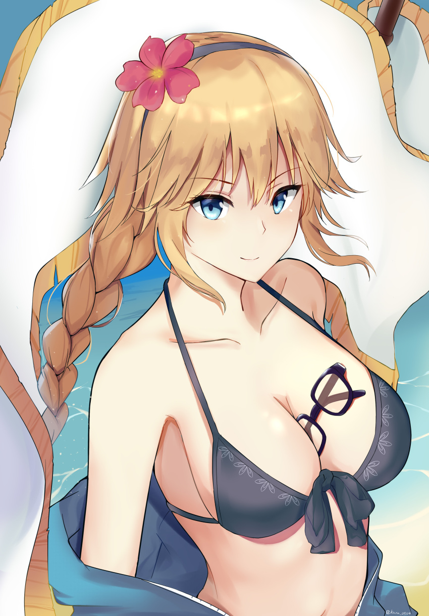 1girl absurdres bangs bare_shoulders between_breasts bikini black-framed_eyewear black_bikini black_hairband blonde_hair blue_eyes blue_jacket blush braid breasts cleavage closed_mouth collarbone commentary_request day eyebrows_visible_through_hair eyewear_removed fate/grand_order fate_(series) flower glasses hair_between_eyes hair_flower hair_ornament hairband highres jacket jeanne_d'arc_(fate)_(all) jeanne_d'arc_(swimsuit_archer) kara_(color1087) long_hair looking_at_viewer medium_breasts navel off_shoulder outdoors red_flower sidelocks single_braid smile solo swimsuit twitter_username very_long_hair water