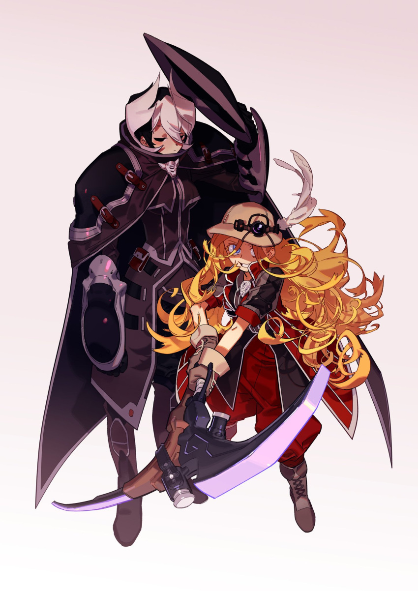 2girls allhailjotman baggy_pants belt belt_buckle black_eyes black_hair black_jacket black_pants blonde_hair blue_eyes boots brown_hat buckle cape gauntlets gloves hat hat_feather headgear_removed headlight helmet highres holding holding_weapon jacket looking_at_viewer lyza made_in_abyss multicolored_hair multiple_girls ozen pants pickaxe pith_helmet two-tone_hair weapon whistle white_hair