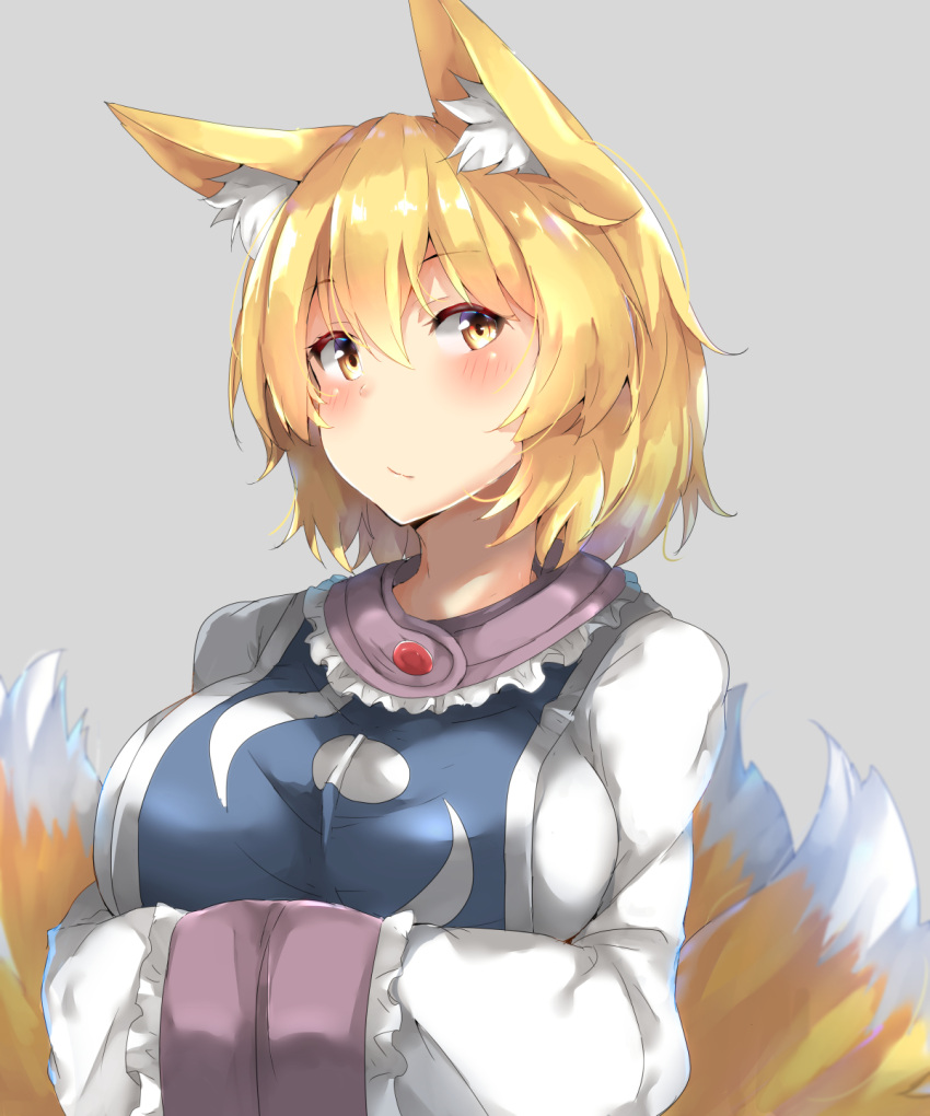 1girl animal_ear_fluff animal_ears blonde_hair dress fox_ears fox_tail grey_background hands_in_opposite_sleeves highres looking_at_viewer multiple_tails neko_pachi no_hat no_headwear short_hair simple_background solo tabard tail touhou upper_body white_dress yakumo_ran yellow_eyes