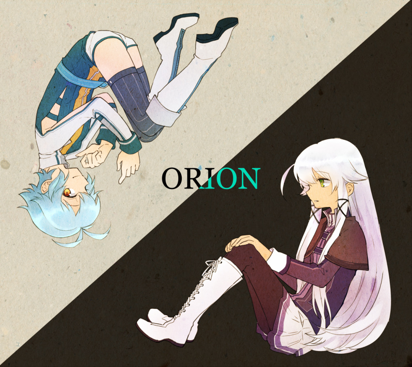 2girls ahoge altina_orion aqua_hair black_legwear blue_legwear boots capelet cross-laced_footwear ecriture eiyuu_densetsu green_eyes hair_flaps hands_on_own_knees highres legs_together long_hair long_sleeves looking_at_another looking_at_viewer millium_orion miniskirt multiple_girls orange_eyes pantyhose profile sen_no_kiseki shirt short_hair short_shorts shorts sidelocks silver_hair sitting skirt symmetry thigh-highs vest white_footwear