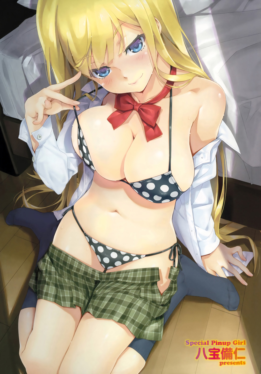 1girl absurdres arm_support bangs bed bedroom belly bikini bikini_under_clothes black_bikini black_legwear blonde_hair blue_eyes blush bow bowtie breasts cleavage closed_mouth collarbone collared_shirt dress_shirt from_above green_skirt half-closed_eyes hand_up happoubi_jin head_tilt highres indoors kneehighs large_breasts long_hair long_sleeves looking_at_viewer miniskirt navel no_shoes off_shoulder on_floor open_clothes open_cuffs open_shirt open_skirt original plaid plaid_skirt pleated_skirt polka_dot polka_dot_bikini polka_dot_swimsuit red_neckwear scan seductive_smile shirt side-tie_bikini sitting skirt skirt_pull smile solo spread_fingers strap_pull sweat swimsuit toe_seam unzipped very_long_hair wariza white_shirt wing_collar