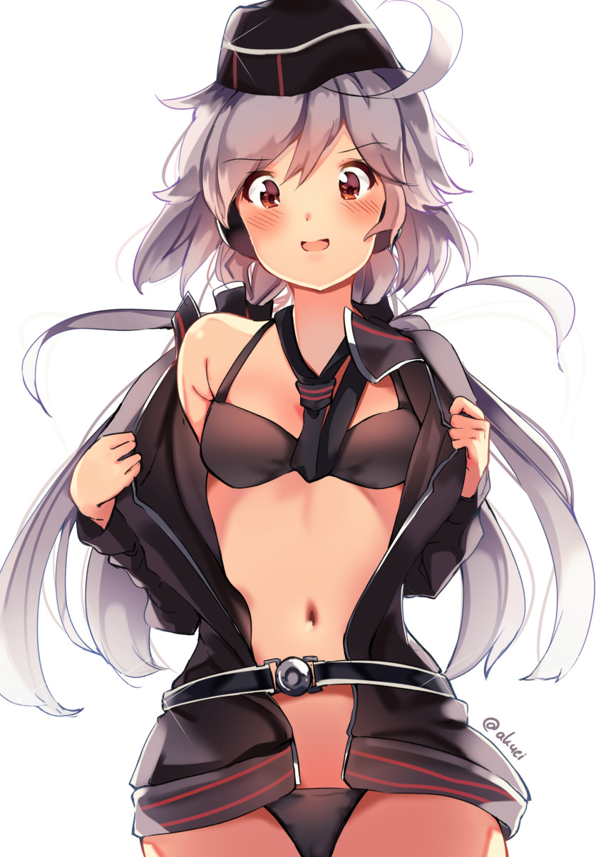 1girl :d ahoge aka--chi bare_shoulders belt black_bra black_hat black_jacket black_neckwear black_panties black_ribbon blush bra breasts c96_(girls_frontline) commentary english_commentary eyebrows_visible_through_hair garrison_cap girls_frontline hair_ribbon hat highres jacket long_hair low_twintails navel necktie open_clothes open_jacket open_mouth panties red_eyes ribbon simple_background small_breasts smile stomach twintails twitter_username underwear undressing v-shaped_eyebrows white_background