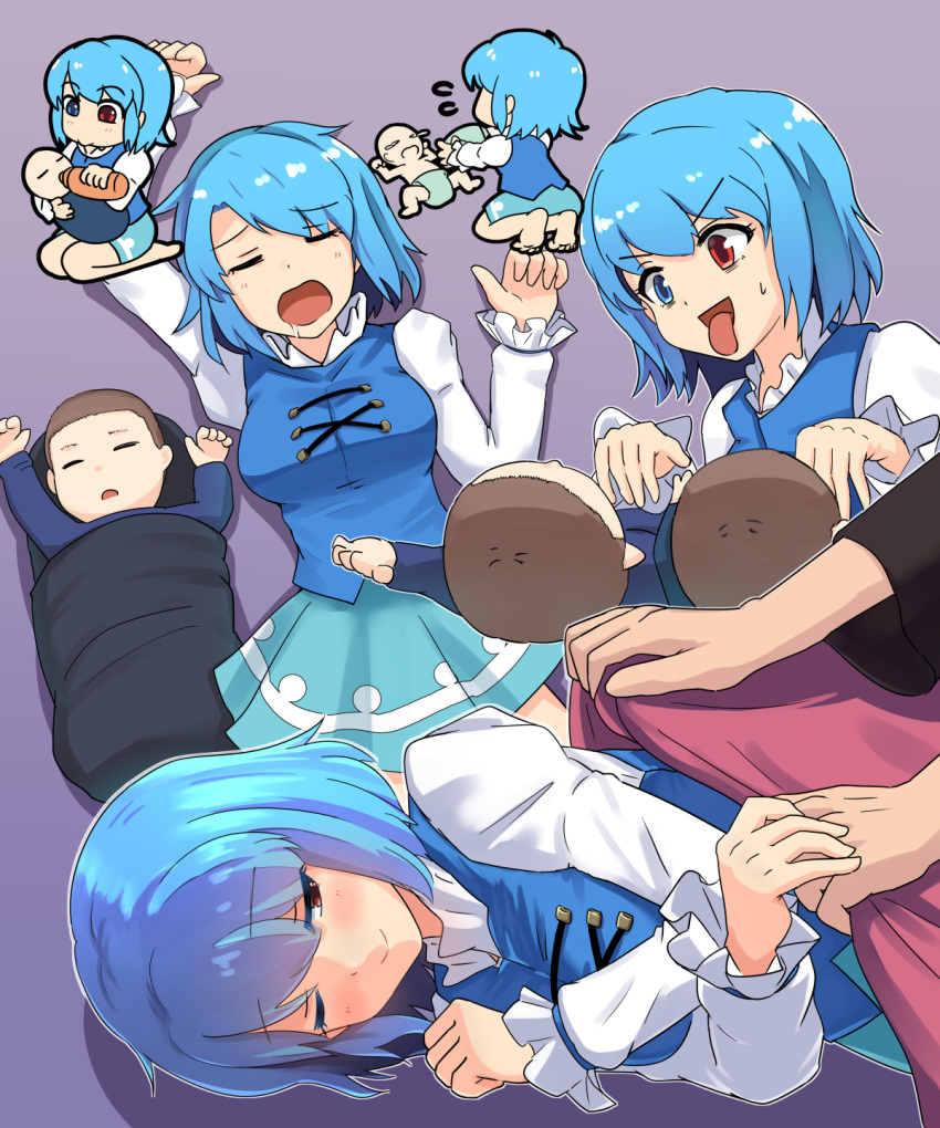 1girl 3boys ;) baby baby_bottle barefoot blanket blue_eyes blue_hair blue_skirt blue_vest bottle breasts closed_mouth covering diaper drooling feeding flying_sweatdrops gradient gradient_background hand_holding heterochromia highres juliet_sleeves long_sleeves lying medium_breasts miniskirt multiple_boys multiple_views on_back on_side one_eye_closed open_mouth puffy_sleeves purple_background red_eyes seiza shirt sitting skirt skirt_set smile sweatdrop tada_no_nasu tatara_kogasa tongue tongue_out touhou vest white_shirt zzz