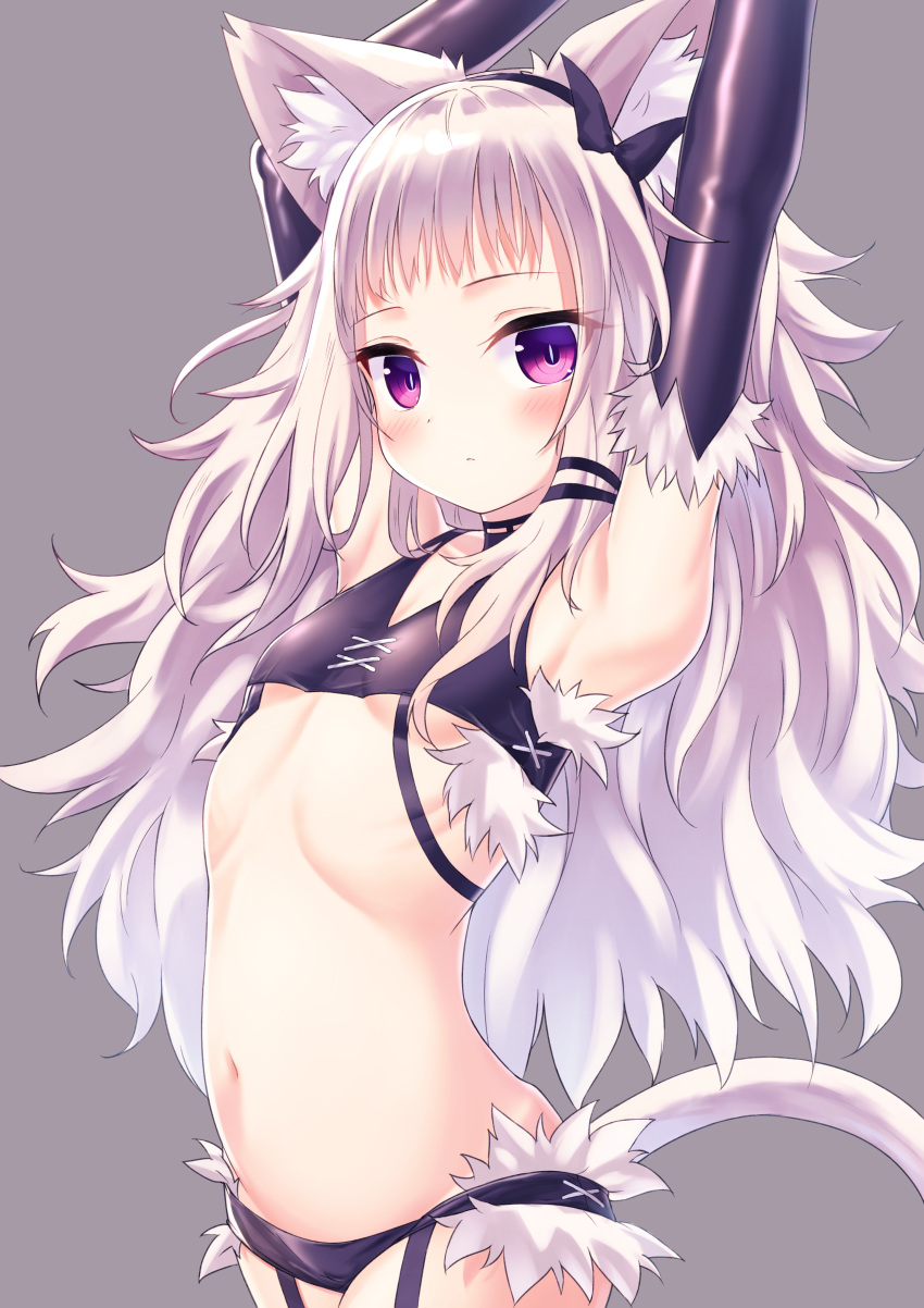1girl absurdres animal_ear_fluff animal_ears arched_back armpits arms_up bangs black_hairband black_shorts blush breasts cat_ears cat_girl cat_tail closed_mouth commentary_request crop_top detached_sleeves fur-trimmed_gloves fur_trim garter_belt gloves hairband highres long_hair long_sleeves looking_at_viewer micro_shorts navel original ringed_eyes satou_(3366_s) shorts slit_pupils small_breasts solo stomach tail under_boob wavy_hair white_hair