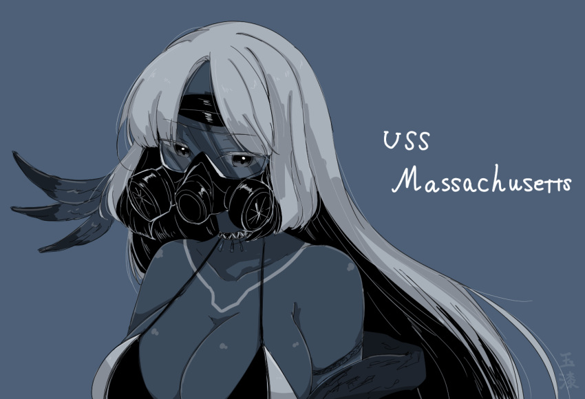 1girl azur_lane bangs bare_shoulders blue breasts cleavage collarbone dark_skin eyebrows_visible_through_hair feathers gas_mask hair_feathers halter_top halterneck kanda_(kvzs4332) large_breasts long_hair looking_at_viewer massachusetts_(azur_lane) monochrome native_american parted_bangs solo transparent upper_body very_long_hair