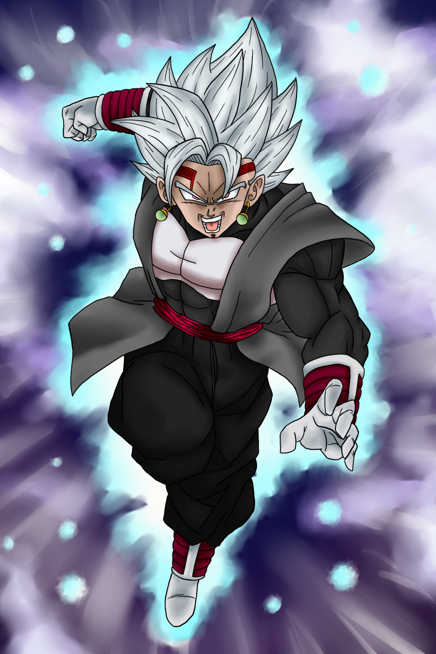 a_silvers_1997 abs absurdres ankle_cuffs aura baby_(dragon_ball) belt blue_background blue_belt boots charging chest_plate clenched_hand commentary dougi dragon_ball dragon_ball_gt dragon_ball_super earrings english_commentary floating_clothes fusion gloves gokuu_black highres jewelry looking_at_viewer multicolored multicolored_background open_mouth photo-referenced possessed potara_earrings purple_background red_eyes saiyan spiky_hair vegeta vegetto what_if white_footwear white_gloves white_hair wrist_guards