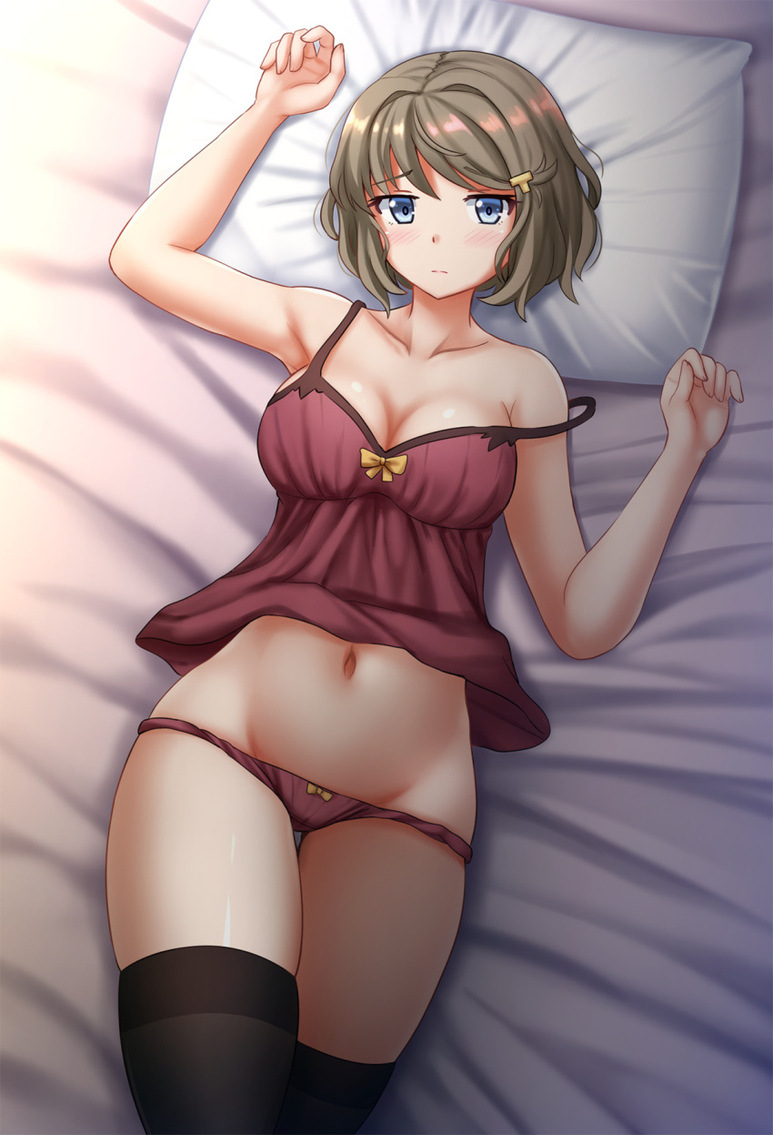 1girl arm_up bangs bare_arms bare_shoulders bed_sheet black_legwear blue_eyes blush bow bow_panties breasts brown_camisole brown_hair brown_panties camisole cleavage closed_mouth collarbone commentary eyebrows_visible_through_hair fingernails hair_ornament highres kazenokaze koga_tomoe looking_at_viewer lying medium_breasts navel on_back panties pillow revision seishun_buta_yarou short_hair skindentation solo strap_slip thigh-highs underwear