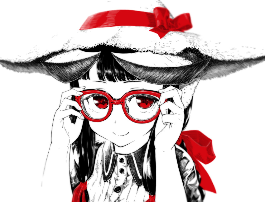 1girl adjusting_eyewear bangs blunt_bangs buttons collared_shirt commentary_request fingernails glasses hair_ribbon hands_up hat hat_ribbon horned_girl_(jaco) horns jaco long_hair looking_at_viewer monochrome original red-framed_eyewear red_eyes red_ribbon ribbon shirt sidelocks simple_background solo spot_color straw_hat upper_body white_background