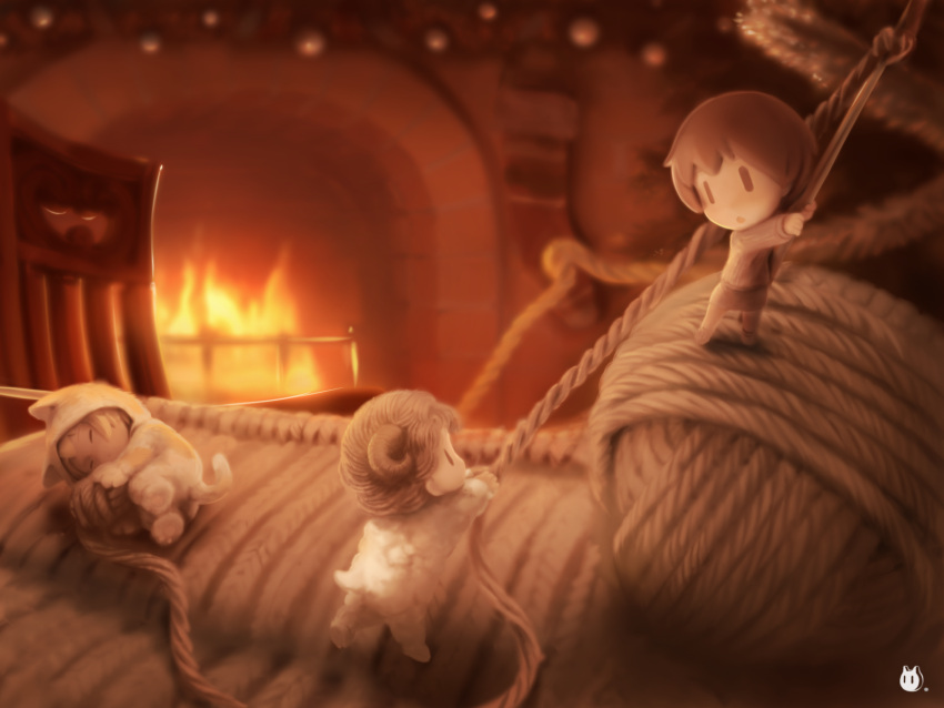 blurry brown_hair cat_pajamas chibi closed_eyes commentary_request depth_of_field fire fireplace highres horns indoors long_sleeves lying nekoita on_side open_mouth original outstretched_arms profile sheep_horns short_hair standing watermark yarn |_|