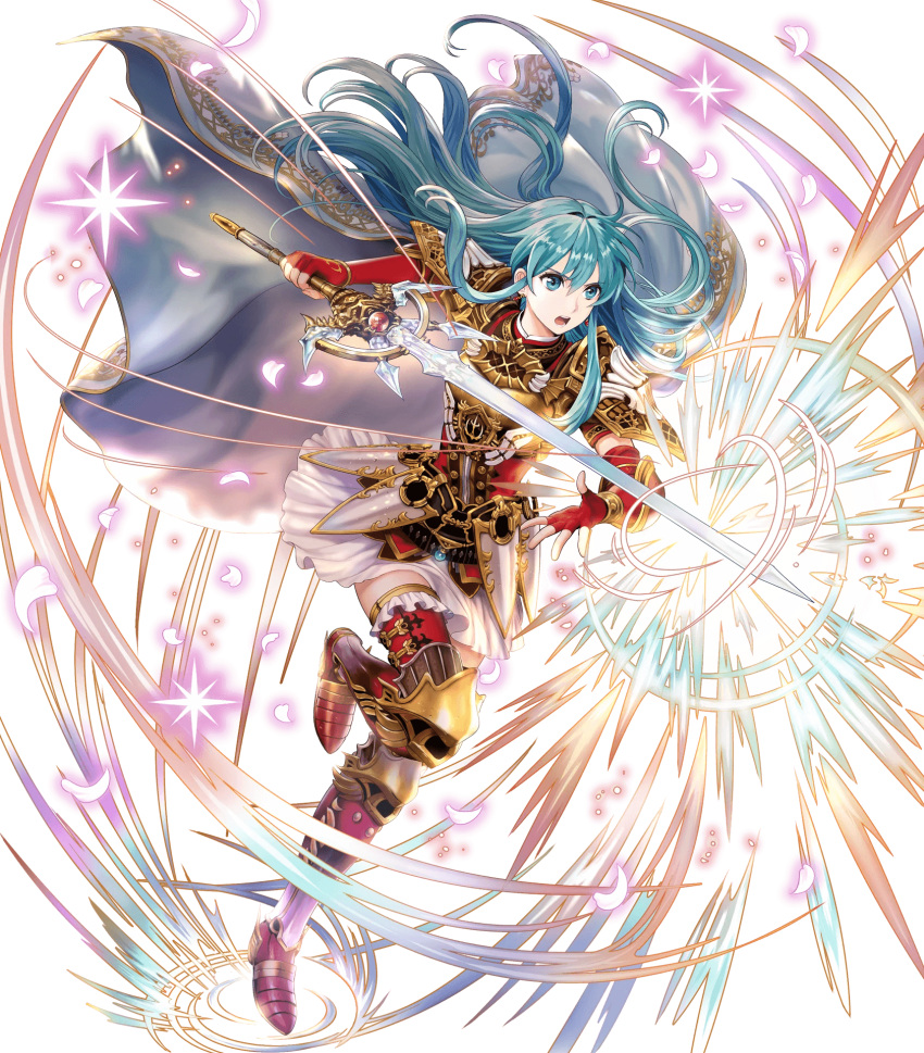 1girl armor bangs breastplate cape eirika fire_emblem fire_emblem:_seima_no_kouseki fire_emblem_heroes full_body gloves highres long_hair mayachise nintendo official_art short_sleeves shoulder_pads skirt solo thigh-highs transparent_background zettai_ryouiki