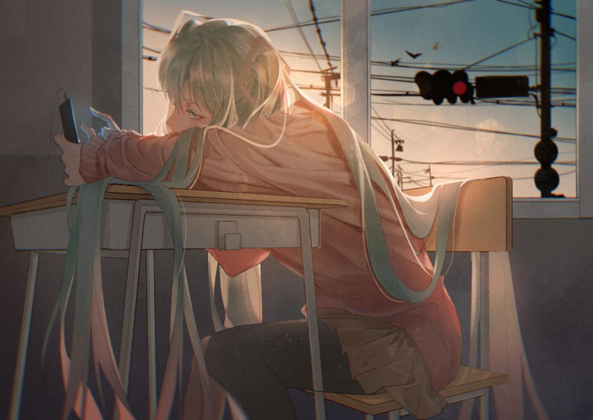 1girl black_legwear blue_eyes brown_skirt classroom day desk dust_particles e-ma_(pixiv6933729) earphones from_side green_hair hair_between_eyes hatsune_miku highres holding holding_phone indoors lens_flare long_hair miniskirt phone pleated_skirt red_sweater shiny shiny_hair sitting skirt solo sweater thigh-highs twintails very_long_hair vocaloid