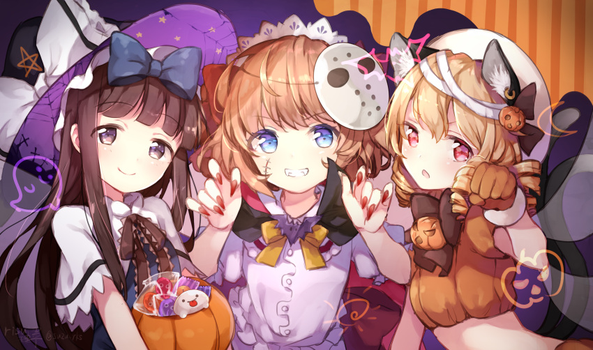 3girls absurdres animal_ears bangs basket black_hat blonde_hair blue_bow blue_eyes blunt_bangs bow bowtie brown_eyes brown_gloves brown_hair brown_neckwear candy capelet cat_ears cat_tail claw_pose closed_mouth eyebrows_visible_through_hair fairy_wings fangs fingernails food gloves grin hair_bow halloween halloween_costume hat highres hockey_mask jewelry kemonomimi_mode light_smile lollipop long_fingernails long_hair looking_at_viewer luna_child multiple_girls multiple_tails nail_polish orange_hair pumpkin red_eyes red_nails risui_(suzu_rks) sharp_fingernails single_earring smile spider_web_print star_sapphire sunny_milk tail teeth tombstone touhou two_tails upper_body white_capelet wings witch_hat