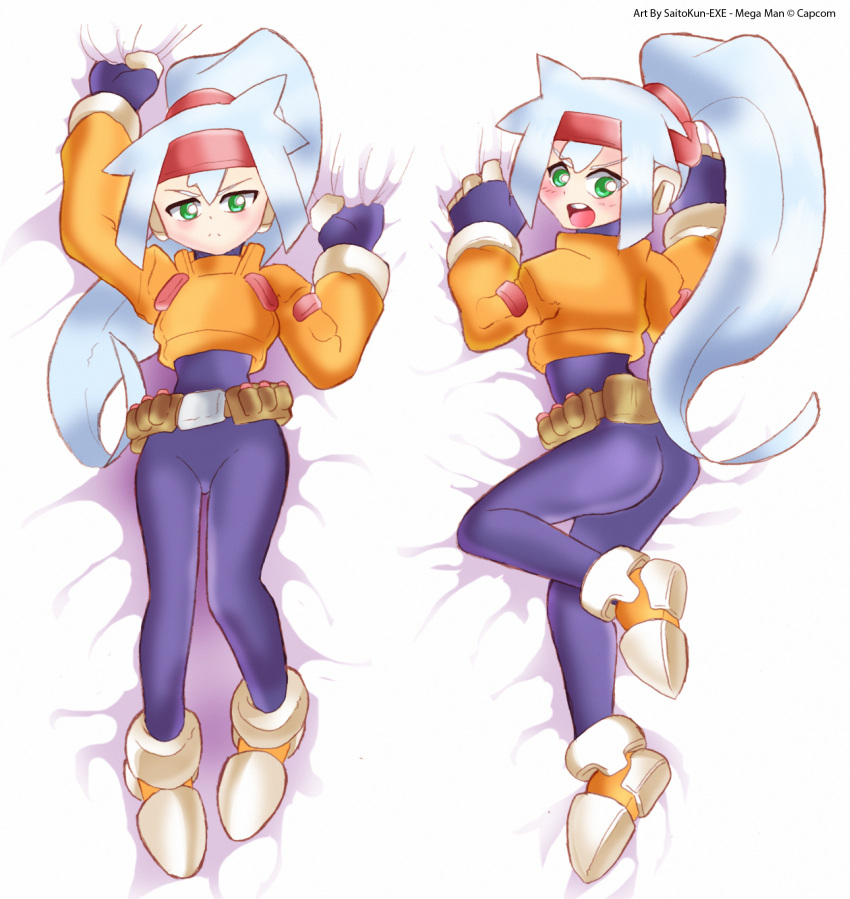 1girl absurdres artist_name ashe_(rockman) ass big_hair blue_hair blush bodysuit breasts closed_mouth commentary_request dakimakura full_body gloves green_eyes headband high_ponytail highres long_hair looking_at_viewer medium_breasts multiple_views ponytail rockman rockman_zx rockman_zx_advent shoe_soles shoutaro_saito spandex teeth v-shaped_eyebrows very_long_hair