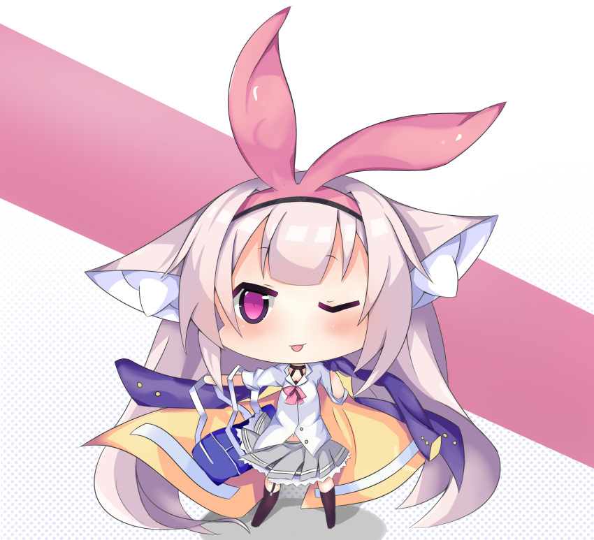 1girl ;p animal_ear_fluff animal_ears azur_lane bag blue_jacket blush brown_legwear cat_ears chibi closed_mouth collared_shirt commentary_request full_body garter_straps grey_skirt hair_ribbon hairband highres hobby_(azur_lane) jacket light_brown_hair long_hair long_sleeves nagato-chan one_eye_closed outstretched_arm pink_hairband pink_ribbon pleated_skirt ribbon school_bag school_uniform shadow shirt skirt smile solo standing thigh-highs tongue tongue_out very_long_hair violet_eyes white_shirt