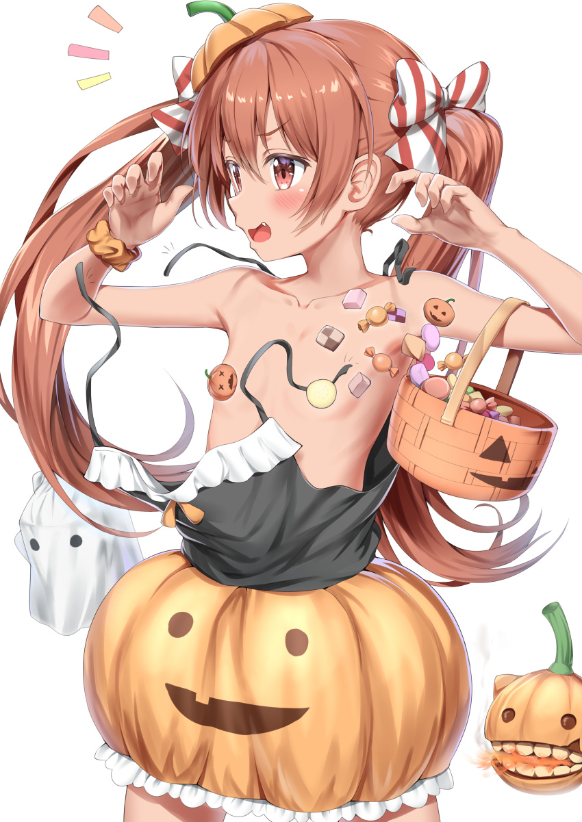 1girl absurdres alternate_costume armpits blush brown_eyes brown_hair candy collarbone fang flat_chest food hair_between_eyes halloween halloween_costume hat highres kantai_collection libeccio_(kantai_collection) long_hair nedia_(nedia_region) open_mouth orange_hat orange_skirt pumpkin_hat pumpkin_skirt simple_background skirt smile snack solo twintails white_background wristband
