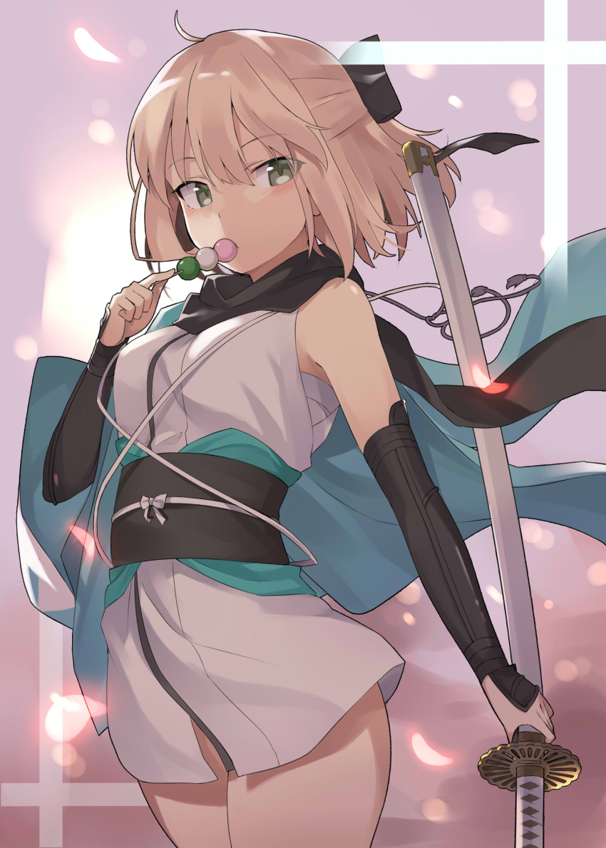100 absurdres blush dango fate/grand_order fate_(series) food haori highres japanese_clothes katana okita_souji okita_souji_(fate) okita_souji_(fate)_(all) pink_background scarf sword thighs wagashi weapon