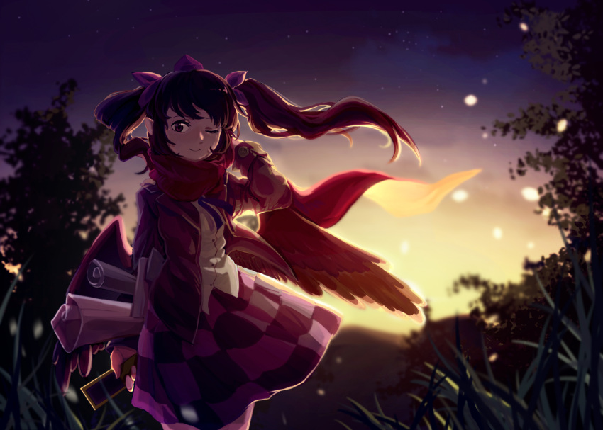 1girl dark furahata_gen grass hair_blowing hand_behind_head highres himekaidou_hatate light_particles night night_sky one_eye_closed paper_roll red_scarf scarf sky smile solo star_(sky) sunset touhou tree twintails violet_eyes wings
