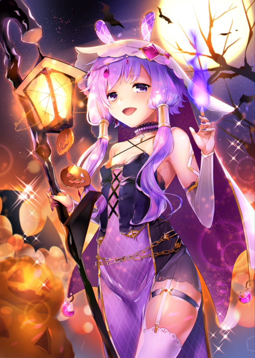 1girl ayamori_mimi bangs bare_shoulders bat blurry breasts chains choker collarbone commentary_request cowboy_shot crescent cross depth_of_field detached_sleeves dress eyebrows_visible_through_hair fingernails fire full_moon garter_straps gem hair_tubes halloween highres holding holding_staff jack-o'-lantern lantern lens_flare long_hair looking_at_viewer magic moon nail_polish night night_sky open_mouth outdoors pumpkin purple_hair purple_nails short_hair_with_long_locks sidelocks sky small_breasts smile solo sparkle staff standing star_(sky) starry_sky thigh-highs thigh_strap tree veil violet_eyes vocaloid voiceroid white_legwear yuzuki_yukari
