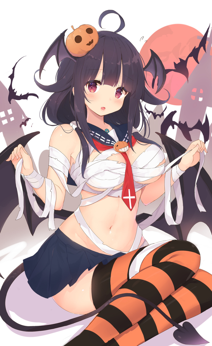 1girl ahoge alternate_costume bandage bangs bat bat_hair_ornament bat_wings blue_skirt blush breasts demon_tail detached_collar fake_wings food_themed_hair_ornament hair_flaps hair_ornament halloween highres kagerou_(shadowmage) kantai_collection large_breasts long_hair looking_at_viewer low_twintails low_wings navel necktie open_mouth pumpkin_hair_ornament purple_hair red_eyes red_neckwear sailor_collar sidelocks sitting skirt solo stomach taigei_(kantai_collection) tail thigh-highs twintails wings yokozuwari