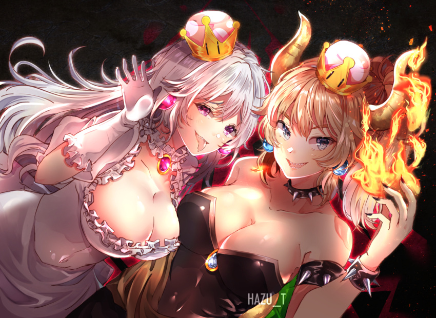 2girls armlet artist_name bare_shoulders black_background black_dress black_nails blonde_hair blue_earrings blue_eyes bowsette bracelet breasts character_name choker cleavage collar collarbone covered_navel crown dress earrings fire frilled_choker frills gloves hazu_t horns jewelry large_breasts long_hair looking_at_viewer luigi's_mansion super_mario_bros. multiple_girls nail_polish new_super_mario_bros._u_deluxe nintendo open_mouth pink_earrings ponytail princess_king_boo salute sharp_teeth short_hair simple_background smile spiked_armlet spiked_bracelet spiked_collar spikes super_crown teeth tongue tongue_out violet_eyes white_choker white_dress white_gloves white_hair