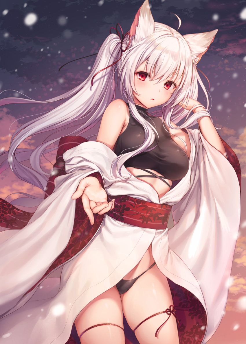 1girl ahoge bangs bare_shoulders black_panties blush breasts collarbone cowboy_shot crop_top detached_sleeves eyebrows_visible_through_hair fanbox_reward floating_hair hair_between_eyes hair_ribbon hair_tousle hand_in_hair hand_up highres japanese_clothes kimono komeshiro_kasu long_hair long_sleeves looking_at_viewer medium_breasts obi off_shoulder original outdoors paid_reward panties parted_lips reaching_out red_eyes red_ribbon ribbon sash shiny shiny_skin skindentation sleeveless snowing solo standing thigh_ribbon turtleneck underwear very_long_hair white_hair wide_sleeves wind yukata