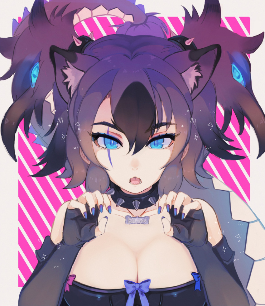1girl ancolatte_(onikuanco) animal_ears bare_shoulders black_gloves black_hair blue_nails blush breasts cerberus_(kemono_friends) character_name claw_pose cleavage collar collarbone commentary dog_ears elbow_gloves extra_ears eyebrows_visible_through_hair fingerless_gloves gloves greek hair_between_eyes hair_ornament highres kemono_friends large_breasts looking_at_viewer multicolored_hair nail_polish open_mouth purple_hair scar scar_across_eye sharp_teeth solo spiked_collar spikes tail teeth thick_eyebrows twintails two-tone_hair upper_body