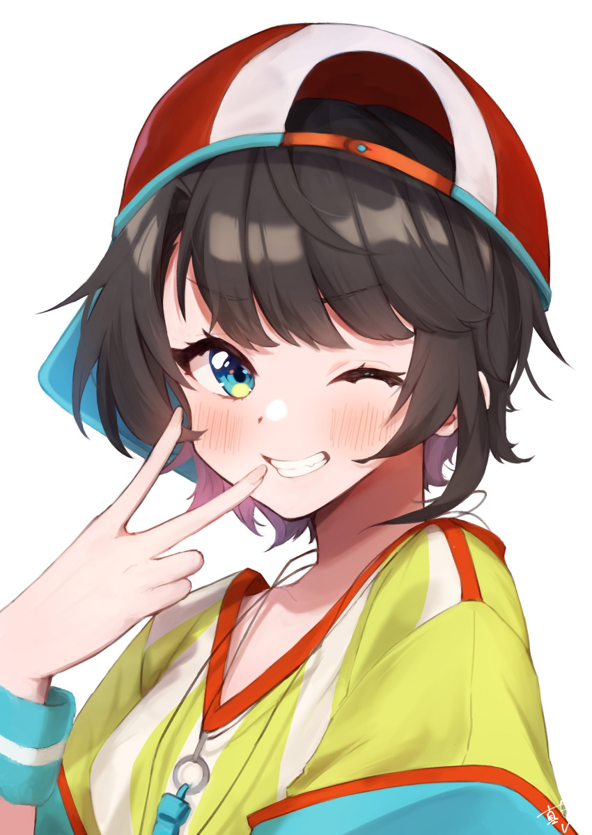 1girl :d absurdres bangs baseball_cap black_hair green_eyes grin hat highres hololive hood hoodie mashiro_io one_eye_closed oozora_subaru shirt short_hair simple_background smile solo star_(symbol) teeth v virtual_youtuber whistle whistle_around_neck white_background yellow_shirt