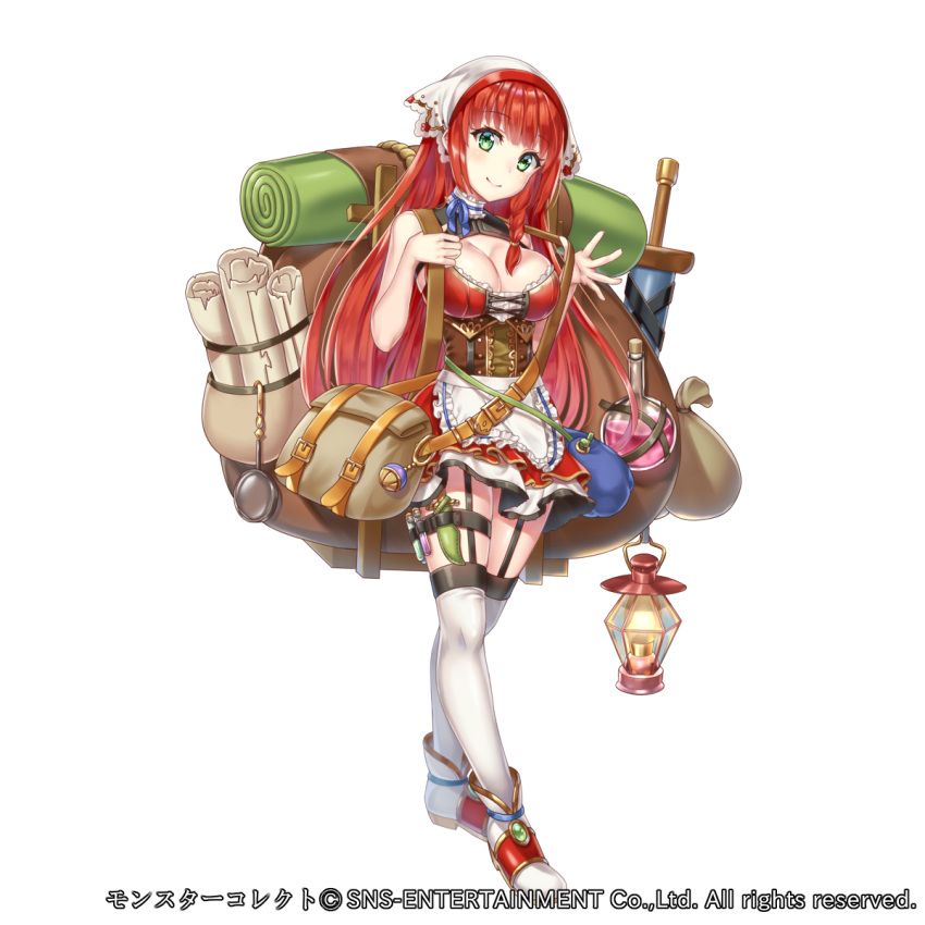 1girl bag bedroll braid breasts cleavage fantasy frying_pan full_body garter_straps green_eyes hakuda_tofu hand_up handbag highres knife lantern large_breasts long_hair monster_collect official_art potion redhead sack scroll sheath sheathed smile solo standing sword thigh-highs very_long_hair vial weapon white_legwear