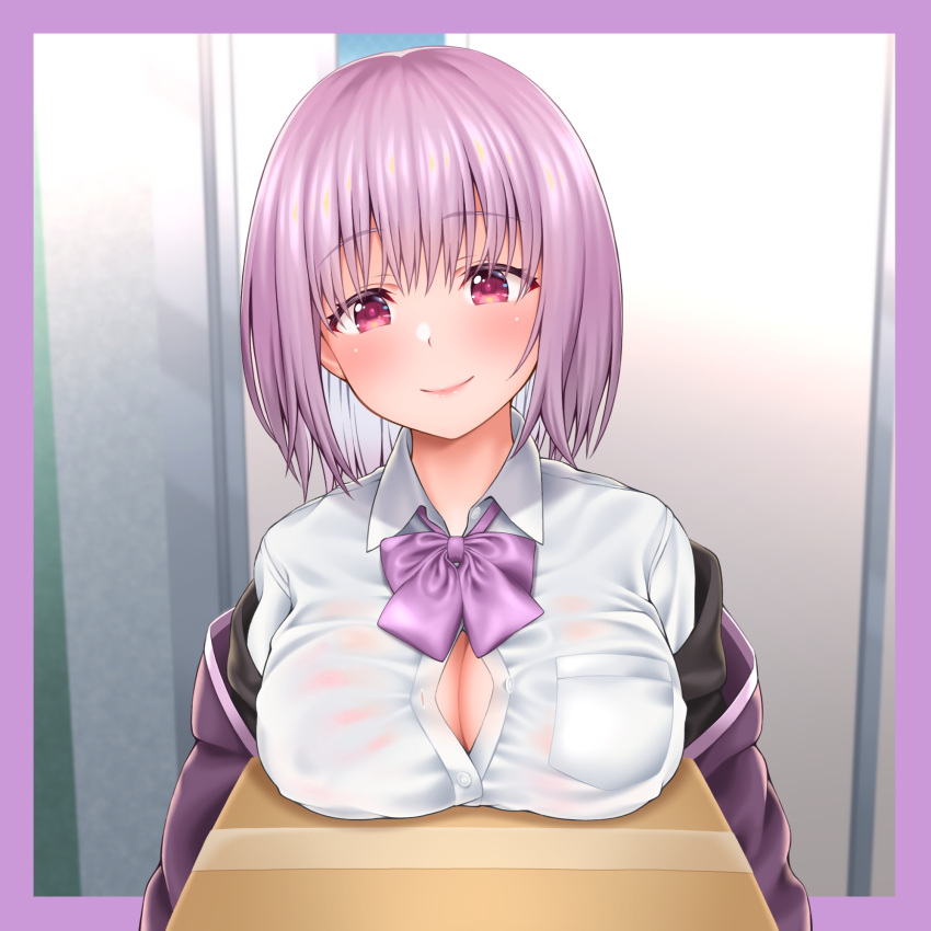 1girl blush bow breast_pocket breast_rest breasts cleavage closed_mouth collared_shirt eyebrows_visible_through_hair highres inagita large_breasts looking_at_viewer partially_unbuttoned pink_hair pocket purple_bow shinjou_akane shirt short_hair smile ssss.gridman upper_body violet_eyes white_shirt