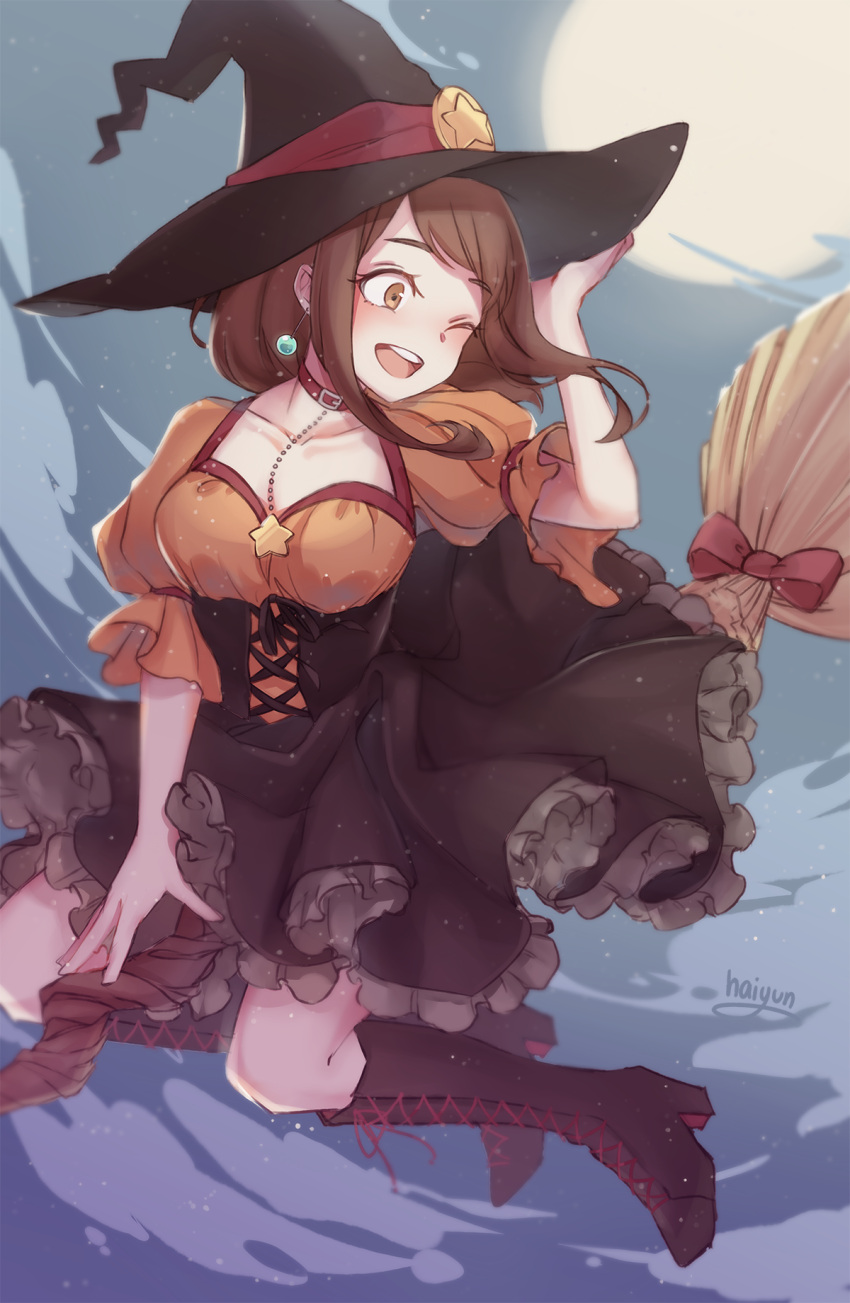 1girl alternate_costume boku_no_hero_academia boots bow breasts broom broom_riding brown_eyes brown_hair choker clouds collarbone corset dress earrings frilled_skirt frills full_moon haiyun halloween_costume hand_on_headwear hat high_heel_boots high_heels highres jewelry looking_to_the_side medium_breasts moon night one_eye_closed open_mouth puffy_short_sleeves puffy_sleeves red_bow short_hair short_sleeves skirt smile star uraraka_ochako witch witch_hat