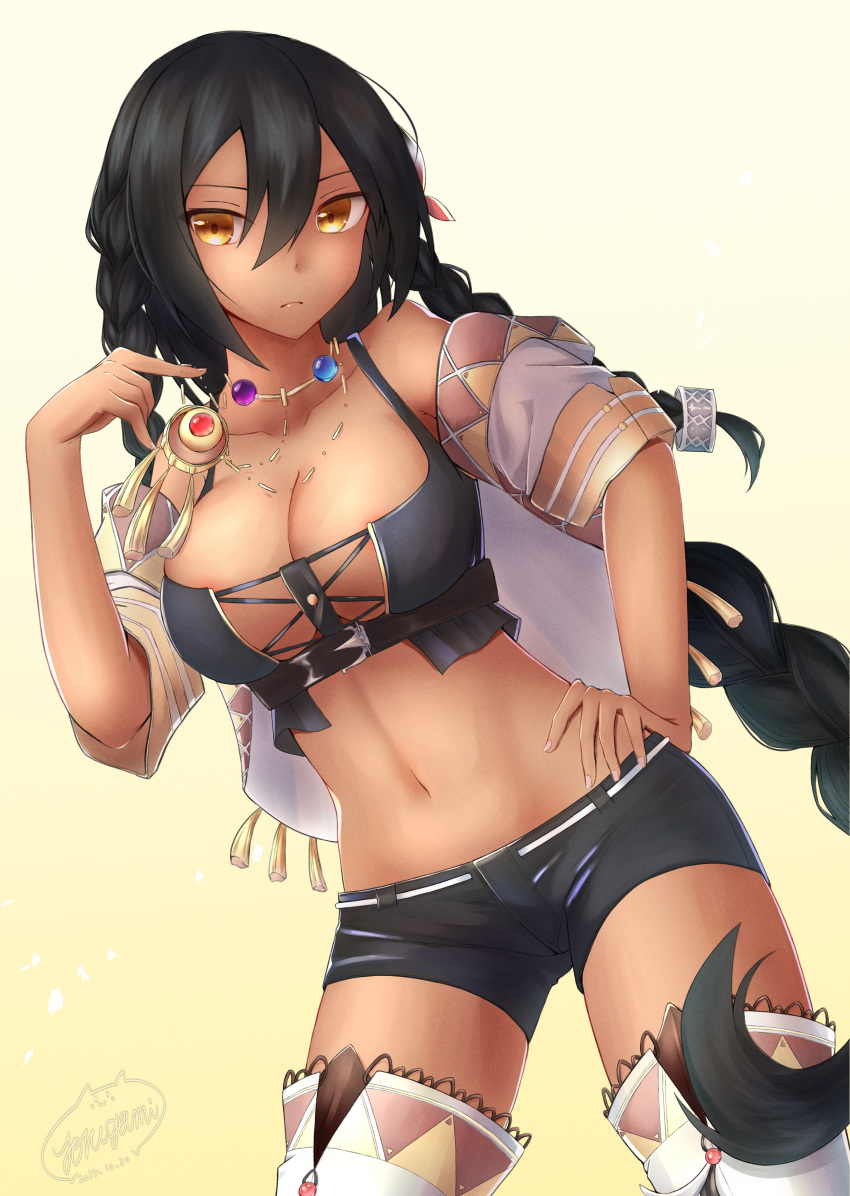 1girl absurdres azur_lane bare_shoulders black_hair braid breasts brown_eyes commentary_request cowboy_shot crop_top dark_skin dutch_angle feathers hair_between_eyes hair_feathers hair_ornament highres jewelry large_breasts long_hair looking_at_viewer mofu_cat001 native_american navel necklace solo south_dakota_(azur_lane) yellow_background