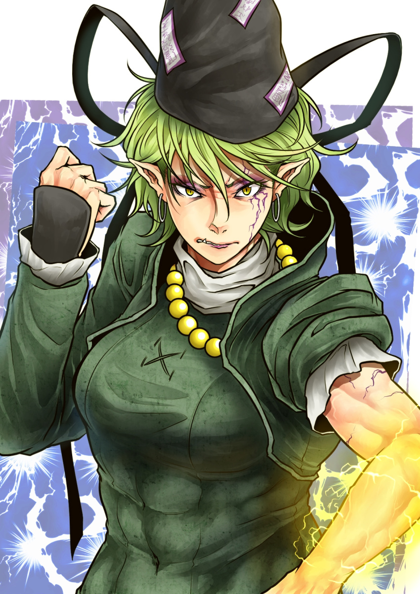 1girl abs bead_necklace beads closed_mouth covered_navel dress earrings electricity fang fang_out green_dress green_hair hair_between_eyes hand_up hat highres hoop_earrings japanese_clothes jewelry long_sleeves looking_at_viewer necklace ofuda_on_clothes pointy_ears ryuuichi_(f_dragon) scar short_hair sleeve_rolled_up soga_no_tojiko solo tate_eboshi taut_clothes taut_dress thunder toned touhou turtleneck upper_body v-shaped_eyebrows vest yellow_eyes