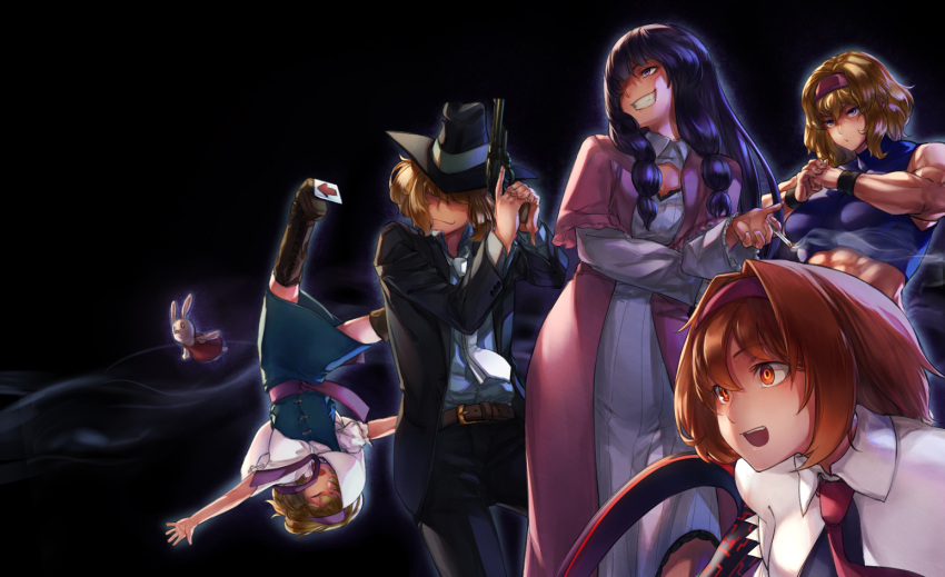 6+girls :o abs belt black_background black_hat black_pants black_suit blonde_hair blue_dress blue_shirt brown_belt capelet character_request cigarette closed_eyes closed_mouth collared_shirt commentary_request cookie_(touhou) cracking_knuckles directional_arrow dress dress_shirt formal grin gun hair_intakes hair_over_one_eye hair_over_shoulder hairband handgun hat hinase_(cookie) holding holding_cigarette holding_gun holding_weapon ichigo_(cookie) jigen_(cookie) looking_afar megafaiarou_(talonflame_810) multiple_girls muscle muscular_female necktie open_mouth orange_eyes orange_hair outline pants red_hairband red_neckwear revolver sakuranbou_(cookie) sash shirt sidelocks simple_background smile smoke standing stuffed_animal stuffed_bunny stuffed_toy suit taisa_(cookie) teeth turtleneck upside-down violet_eyes weapon white_capelet white_neckwear wing_collar