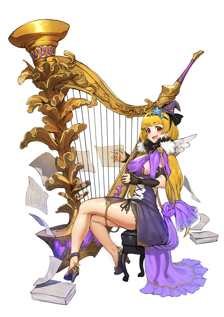 1girl :d absurdres arm_strap bangs black_bow black_hairband black_hat blonde_hair blunt_bangs blush bow breasts character_request commentary_request dress eyebrows_visible_through_hair from_side full_body fur_collar hair_bow hairband harp hat high_heels highres instrument large_breasts long_hair looking_at_viewer looking_to_the_side low_twintails music open_mouth paper paper_stack playing_instrument purple_dress purple_footwear pyz_(cath_x_tech) red_eyes see-through shawl sheet_music shiny shiny_hair shiny_skin sidelocks simple_background sitting smile solo stool tareme twintails white_background wind witch_hat