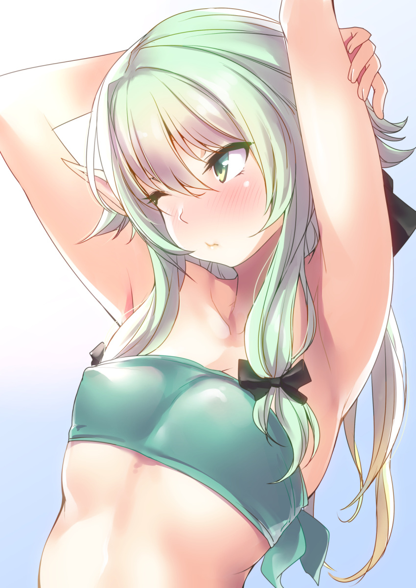 1girl armpits arms_up bandeau blush bow closed_mouth commentary_request elf erect_nipples flat_chest goblin_slayer! gradient gradient_background green_eyes green_hair hair_between_eyes hair_bow high_elf_archer_(goblin_slayer!) highres long_hair looking_away nukkoru one_eye_closed pointy_ears sidelocks simple_background solo strapless tubetop