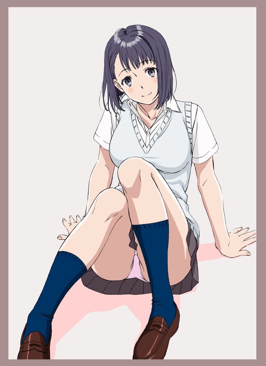 1girl absurdres arm_support blue_legwear blush border brown_border brown_footwear dress_shirt highres jijo_(kakitama) kakitama loafers original panties pantyshot pantyshot_(sitting) school_uniform shirt shoes short_hair short_sleeves sitting smile socks solo sweater_vest underwear white_shirt