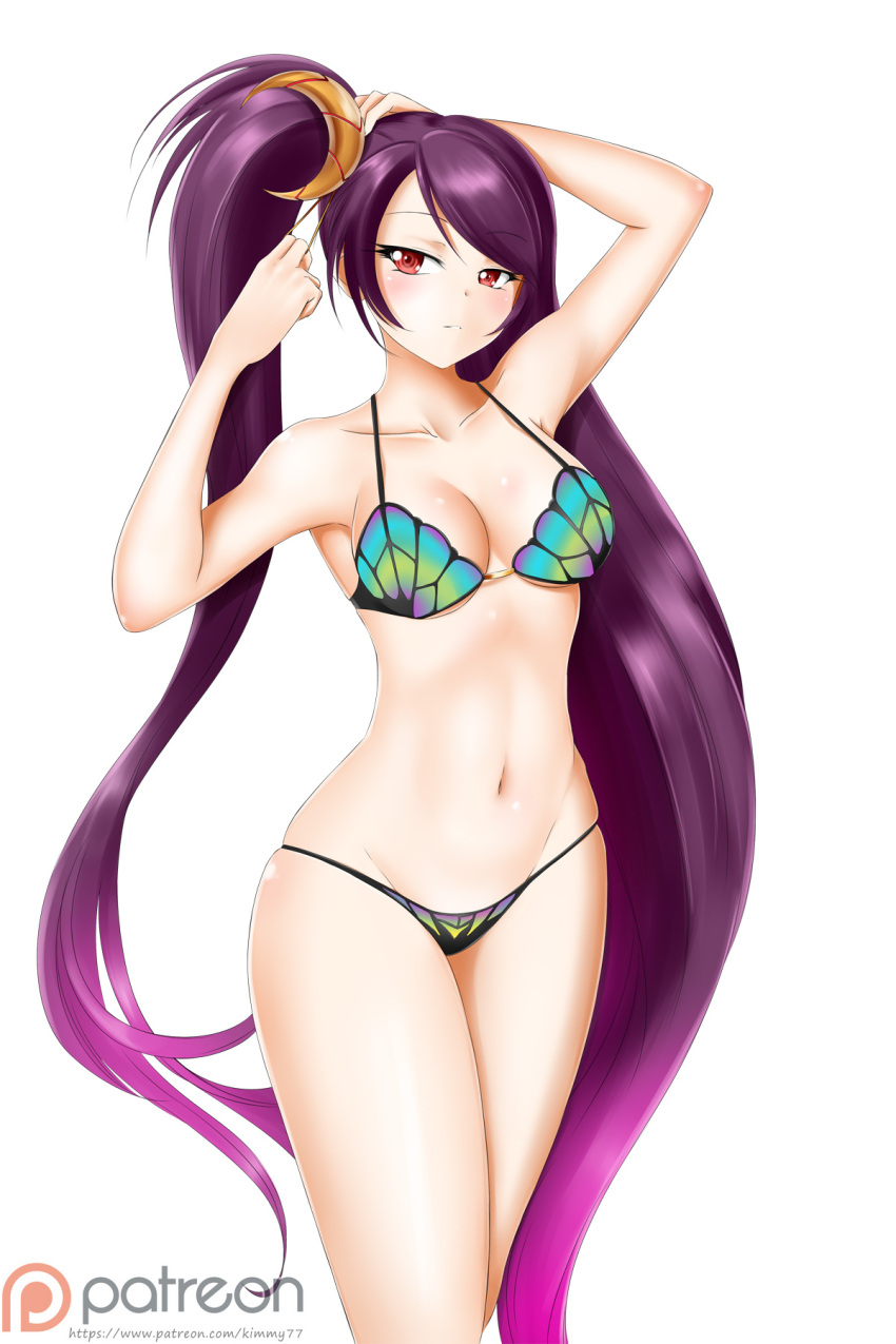 1girl alfred_cullado bangs bikini brave_frontier breasts cleavage collarbone crescent crescent_hair_ornament elza_(brave_frontier) floating_hair gradient_hair groin hair_ornament highres large_breasts long_hair looking_at_viewer multicolored multicolored_bikini multicolored_clothes multicolored_hair navel parted_bangs patreon_logo pink_hair purple_hair red_eyes shiny shiny_hair sideboob simple_background solo standing swimsuit twintails two-tone_hair tying_hair very_long_hair watermark white_background