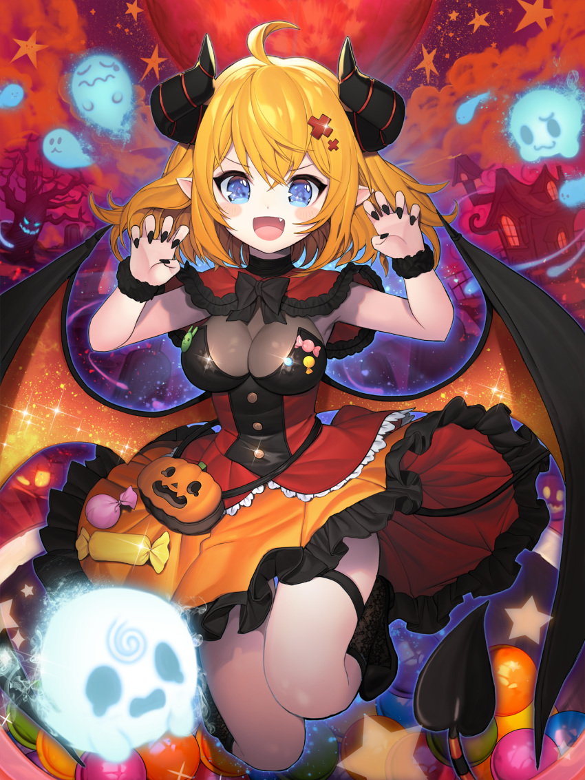 1girl :d ahoge bangs bare_tree black_bow black_footwear black_legwear black_nails black_wings blonde_hair blue_eyes blush_stickers bow breasts building candy capelet claw_pose cleavage commentary_request curled_horns demon_girl demon_horns demon_tail demon_wings eyebrows_visible_through_hair fang fingernails food frilled_skirt frills full_moon ghost hair_between_eyes hair_ornament halloween hands_up highres horns jack-o'-lantern kneehighs kuang_(kzhw7588) lace lace_legwear large_breasts looking_at_viewer moon nail_polish open_mouth orange_skirt orange_wings original pleated_skirt pointy_ears red_capelet red_moon red_shirt shirt shoes skirt smile solo star strapless tail tombstone tree wings x_hair_ornament