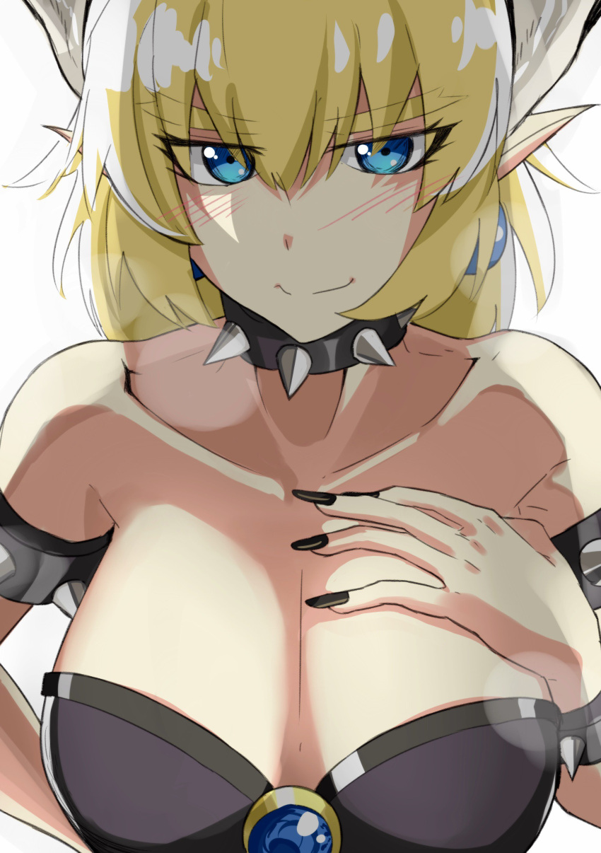 1girl absurdres bangs black_dress blonde_hair blue_earrings bowsette bracelet breasts brooch cleavage closed_mouth collar collarbone commentary da-dang dress earrings eyebrows_visible_through_hair fingernails hand_on_own_chest highres horns jewelry large_breasts long_hair looking_at_viewer super_mario_bros. new_super_mario_bros._u_deluxe nintendo pointy_ears romaji_commentary sharp_fingernails simple_background smile solo spiked_armlet spiked_bracelet spiked_collar spikes strapless strapless_dress upper_body white_background
