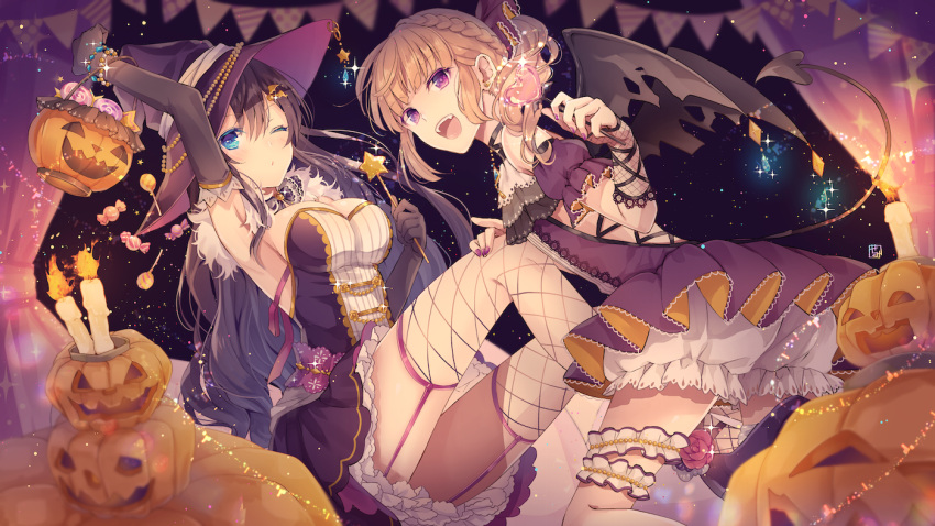 2girls :d arm_up armpits bangs black_wings bloomers blue_eyes blurry blurry_background blurry_foreground blush bracelet braid breasts brown_gloves brown_hair brown_hat burning candle candy closed_mouth commentary_request demon_girl demon_tail demon_wings depth_of_field dress elbow_gloves eyebrows_visible_through_hair fangs fire fishnet_legwear fishnets flower food garter_straps glint gloves goma_(11zihisin) hair_between_eyes hair_ribbon halloween halloween_basket hat heart heart_lollipop holding holding_food holding_lollipop jack-o'-lantern jewelry kneeling large_breasts leg_garter light_brown_hair lollipop long_hair multiple_girls night night_sky one_eye_closed open_mouth original pennant petticoat pleated_dress purple_dress purple_ribbon red_flower red_rose ribbon rose signature sky smile sparkle star_(sky) starry_sky strapless strapless_dress string_of_flags tail tail_raised thigh-highs torn_wings underwear very_long_hair violet_eyes white_bloomers wings witch_hat