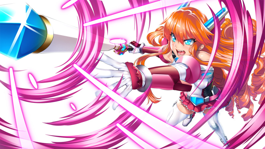 1girl attack beam blue_eyes drill_hair frilled_skirt frills gloves headgear holding holding_wand magic magical_girl mechanical_arm mechanical_boots mechanical_parts miniskirt obui open_mouth orange_hair seigi_no_henshin_heroine_wo_sasaeru_ore_to_aku_no_onna_kanbu skirt solo thigh-highs transparent_background wand zettai_ryouiki