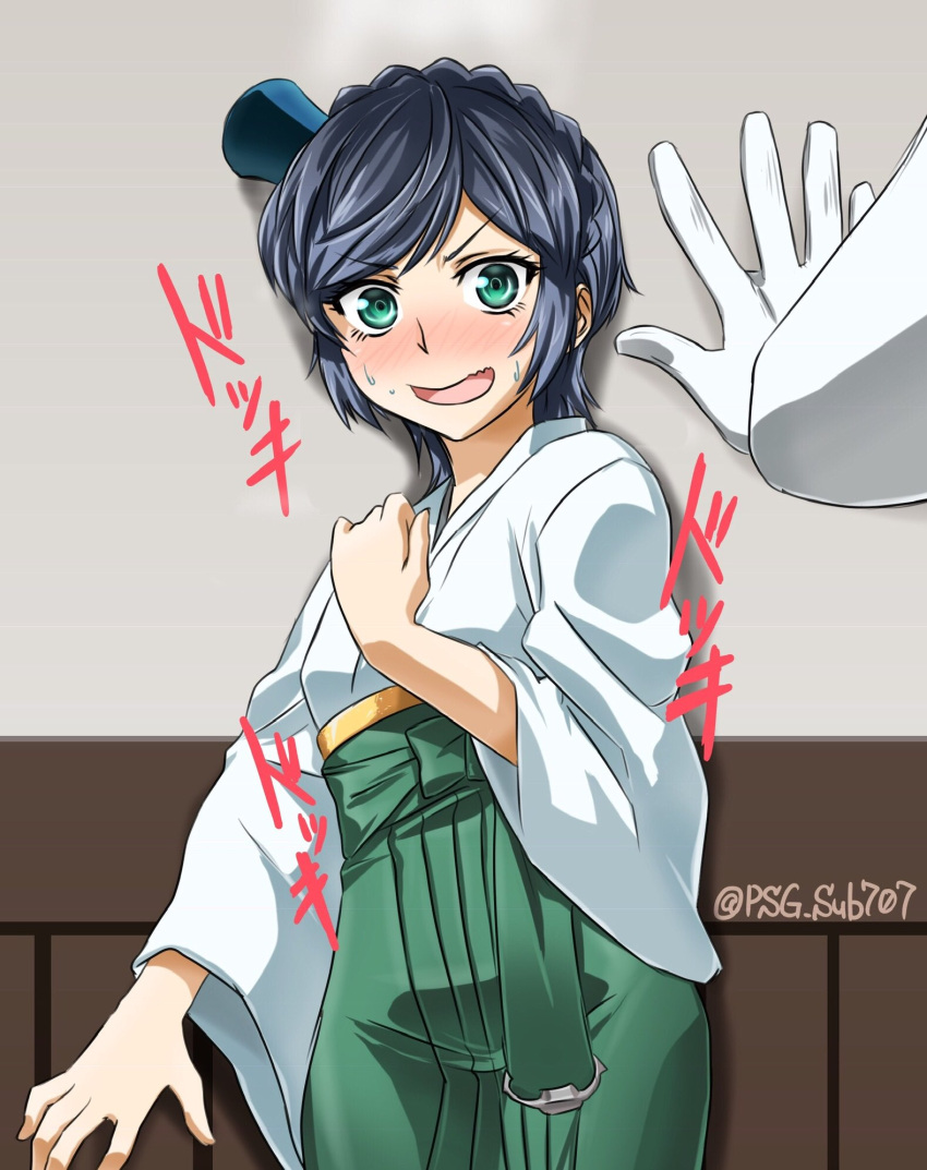 1girl ahoge anchor bangs black_hair braid cowboy_shot crown_braid furisode green_eyes green_hakama hakama hat highres japanese_clothes kantai_collection kimono looking_at_viewer matsukaze_(kantai_collection) meiji_schoolgirl_uniform mini_hat mini_top_hat pov pov_hands psg_sub707 short_hair solo swept_bangs top_hat tsurime wall wall_slam wavy_hair white_kimono