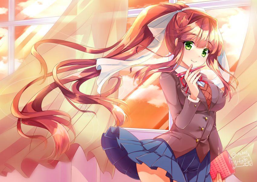 1girl bangs blazer blue_skirt blush bow brown_hair brown_jacket brown_sweater closed_mouth clouds cloudy_sky collared_shirt commentary_request curtains doki_doki_literature_club dress_shirt eyebrows_visible_through_hair floating_hair green_eyes hair_between_eyes hair_bow head_tilt high_ponytail hinata_momo holding holding_pencil indoors jacket monika_(doki_doki_literature_club) pencil pleated_skirt ponytail shirt sidelocks signature skirt sky smile solo standing sunset sweater transparent twitter_username white_bow white_shirt window