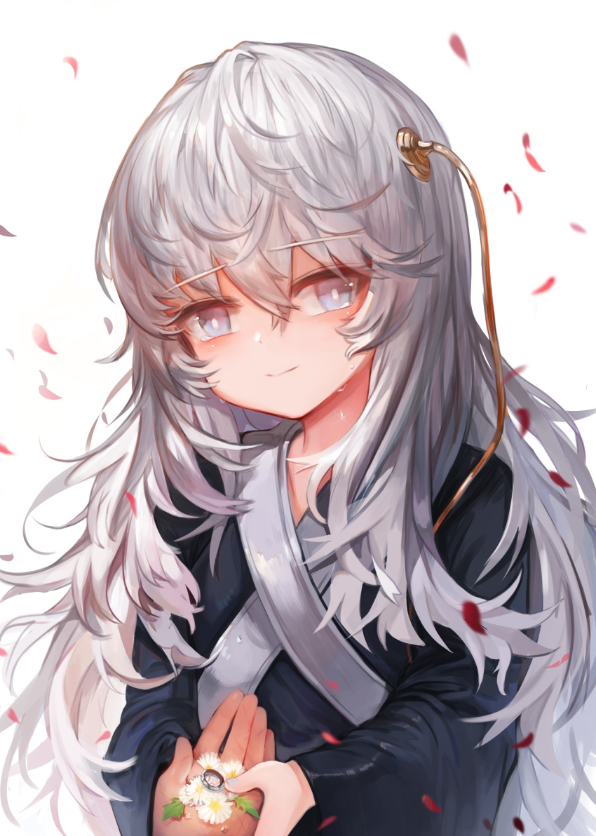 1girl blue_eyes blue_nails bright_pupils commentary_request crying crying_with_eyes_open dokomon eyebrows_visible_through_hair flower girls_frontline grey_hair hair_ornament head_tilt highres jewelry korean_commentary long_hair long_sleeves military military_uniform nail_polish petals pov ribeyrolles_1918_(girls_frontline) ring simple_background smile solo_focus tears uniform very_long_hair white_background white_flower