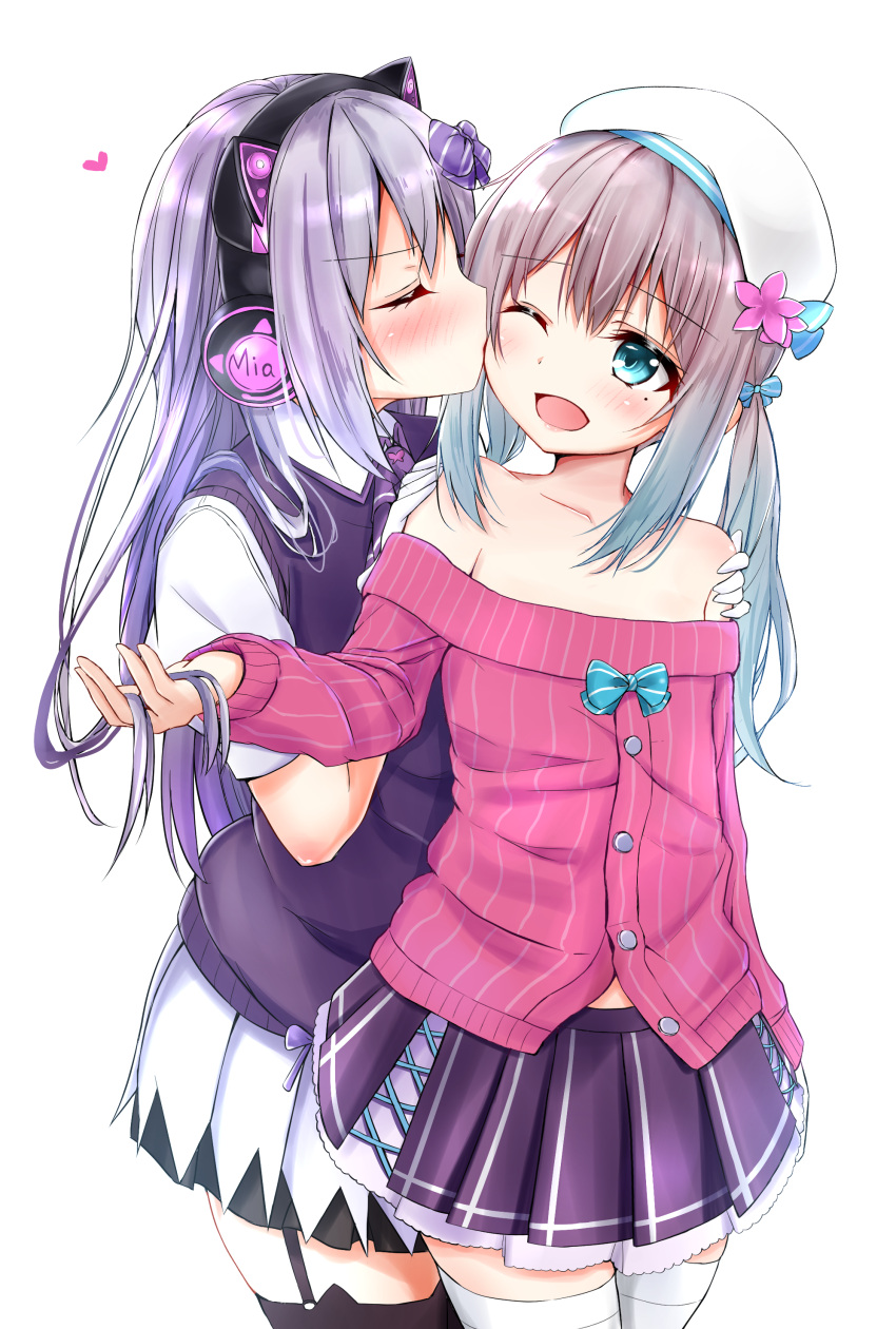 2girls ;d absurdres animal_ears black_hairband black_legwear blue_eyes blue_hair bow character_name collarbone cowboy_shot ex_idol fake_animal_ears flat_chest flower garter_straps gradient_hair grey_hair hair_bow hairband hanamachi_sumire hat headphones heart highres holding_another's_hair iriam mia_(iriam) miniskirt mole mole_under_eye multicolored_hair multiple_girls off-shoulder_sweater one_eye_closed open_mouth pink_cardigan pink_flower pleated_skirt purple_bow purple_hair purple_skirt purple_vest shirt short_sleeves simple_background skirt smile standing striped sweater sweater_vest thigh-highs two-tone_hair vertical_stripes vest virtual_youtuber white_background white_hat white_legwear white_shirt yuri zettai_ryouiki