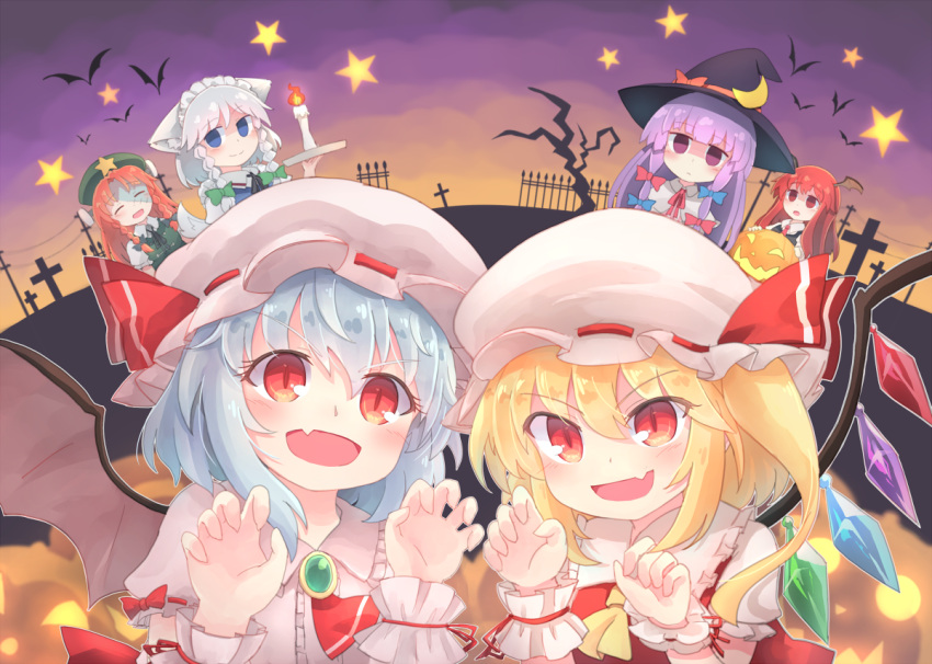 6+girls animal animal_ears ascot bangs bare_tree bat bat_wings beret black_hat black_wings blonde_hair blue_bow blue_eyes blunt_bangs bow braid brooch candle claw_pose collared_shirt crescent dog_ears dog_tail eyebrows_visible_through_hair fire flandre_scarlet graveyard green_bow green_hat hair_between_eyes hair_bow halloween hat hat_ribbon head_wings holding holding_tray hong_meiling izayoi_sakuya jack-o'-lantern jewelry kemonomimi_mode kibisake koakuma long_hair maid_headdress mob_cap multiple_girls necktie patchouli_knowledge pink_hat pink_shirt power_lines puffy_short_sleeves puffy_sleeves purple_hair red_bow red_eyes red_neckwear red_ribbon red_vest redhead remilia_scarlet ribbon shirt short_sleeves silver_hair slit_pupils star tail tombstone touhou tray tree twin_braids v-shaped_eyebrows vest violet_eyes white_hat white_shirt wing_collar wings witch_hat wrist_cuffs yellow_neckwear