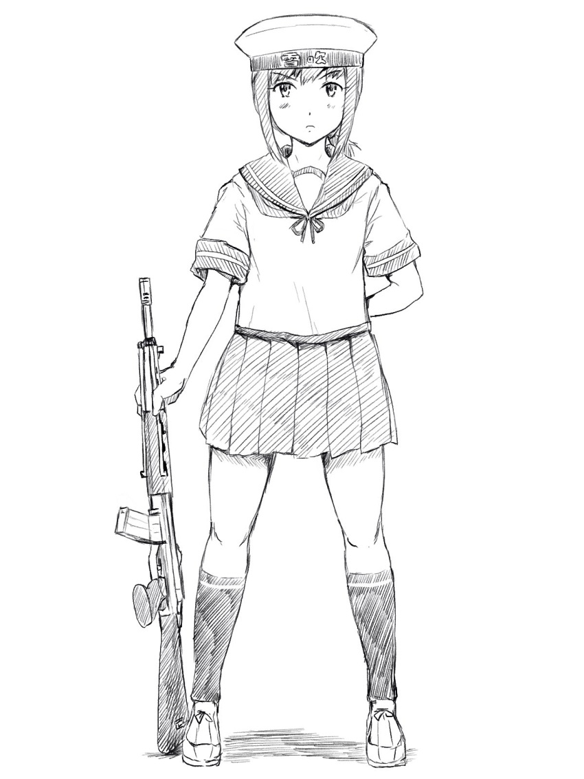 1girl arm_behind_back character_name commentary_request firearm_request fubuki_(kantai_collection) full_body gun hat highres kantai_collection kneehighs looking_at_viewer low_ponytail monochrome pleated_skirt ponytail rifle sailor_hat school_uniform serafuku short_ponytail sidelocks sketch skirt solo standing vent_arbre weapon